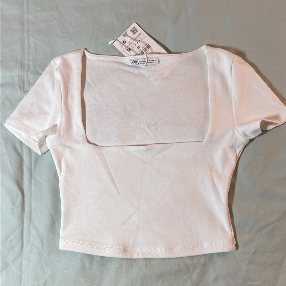 Zara white Square Neck Short Sleeve Crop Top Size Medium NWT